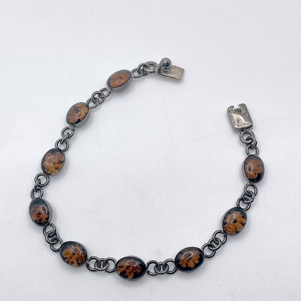 VTG Sterling Silver Resin Cabochon Dried Flower Flowers Oval Link Bracelet 7.4”